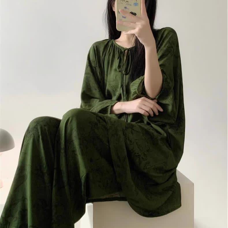 Ownkoti Retro Plus Size Soft Floral Nightwear Set - Dark Green - 2XL - image 0