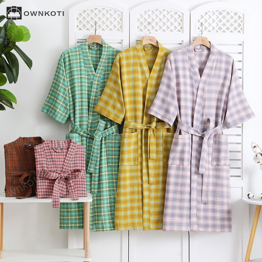 Cotton Gauze Jacquard Plaid Bathrobe