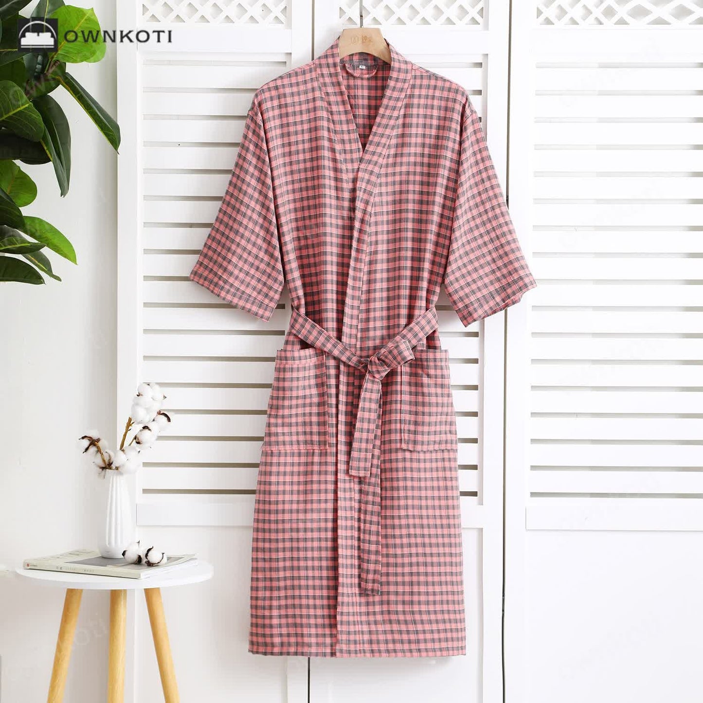 Cotton Gauze Jacquard Plaid Bathrobe