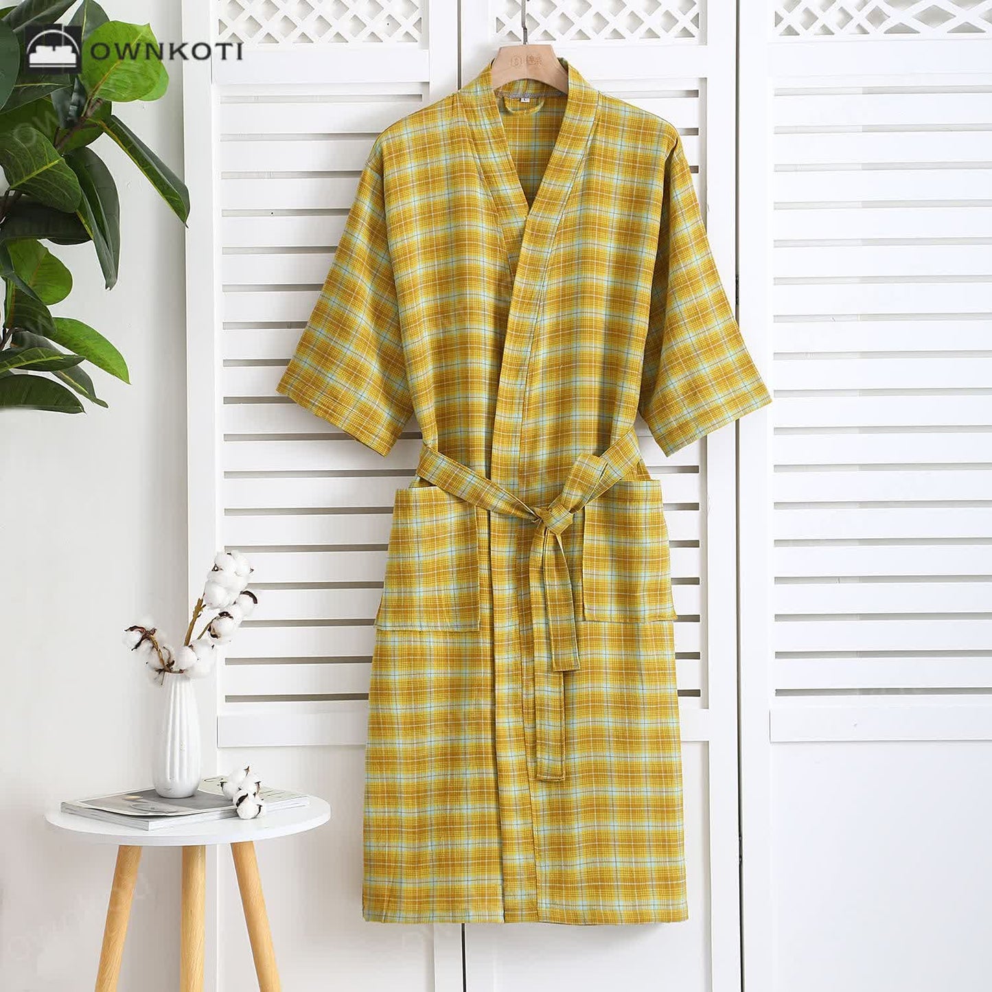 Cotton Gauze Jacquard Plaid Bathrobe