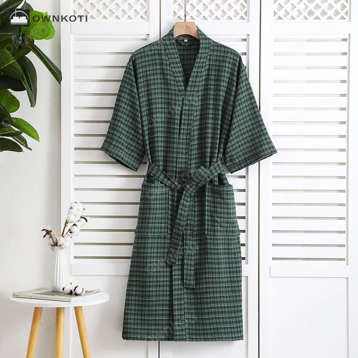 Cotton Gauze Jacquard Plaid Bathrobe