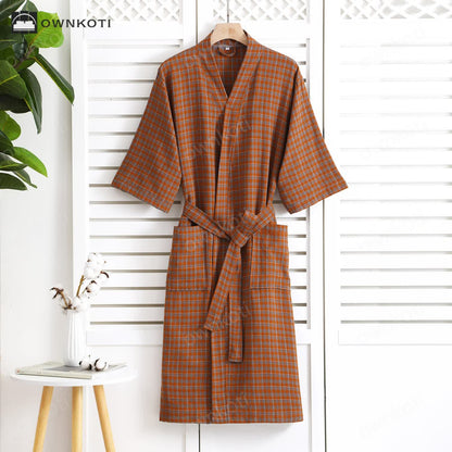 Cotton Gauze Jacquard Plaid Bathrobe