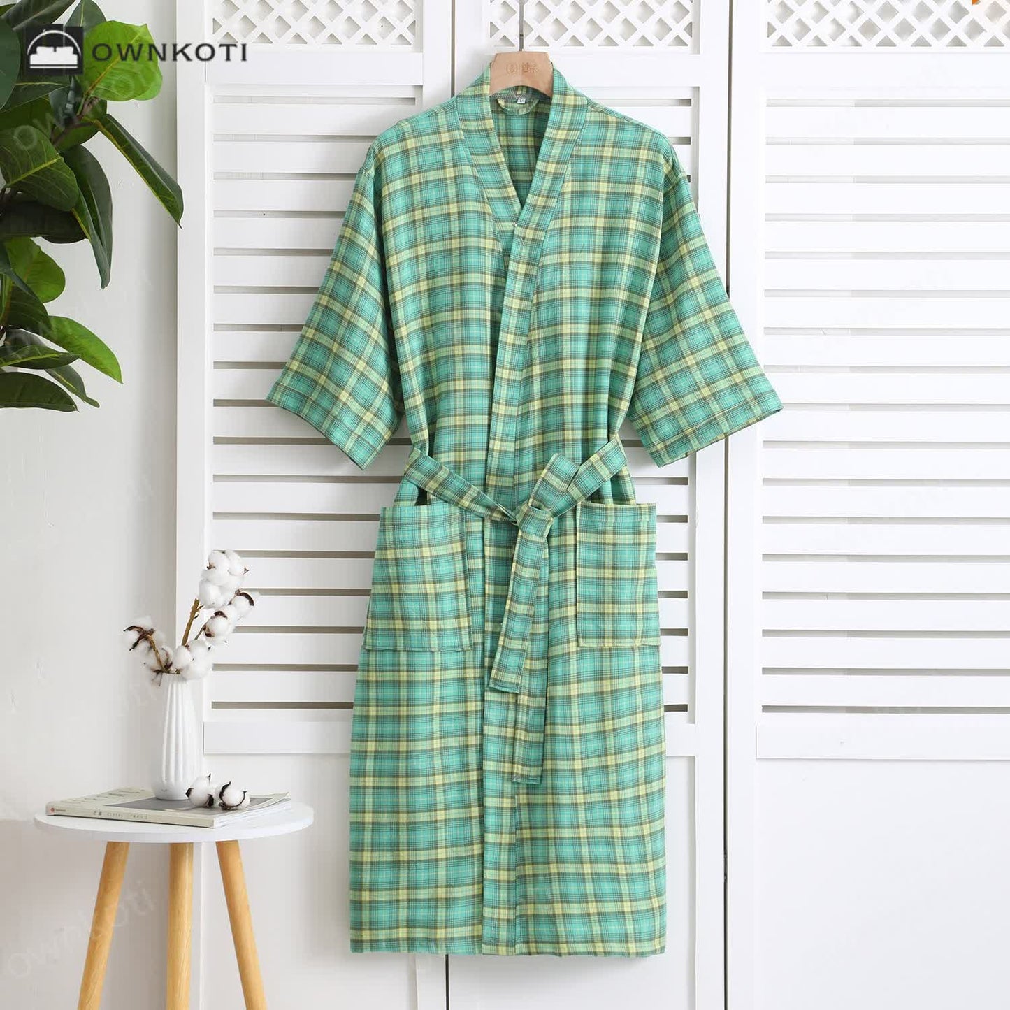 Cotton Gauze Jacquard Plaid Bathrobe