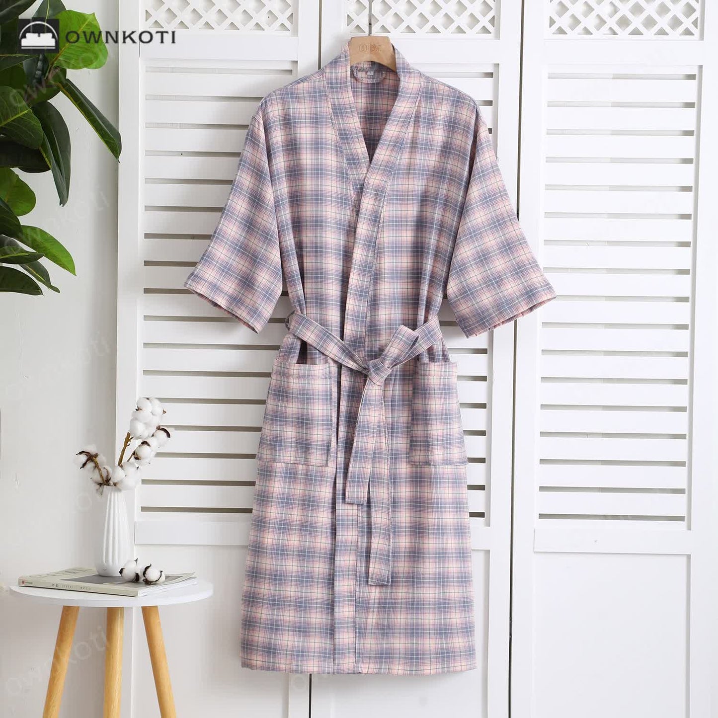 Cotton Gauze Jacquard Plaid Bathrobe