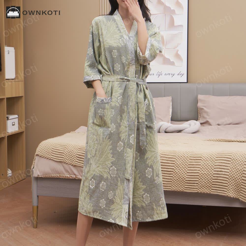 Breathable Jacquard Floral Gauze Kimono Bathrobe