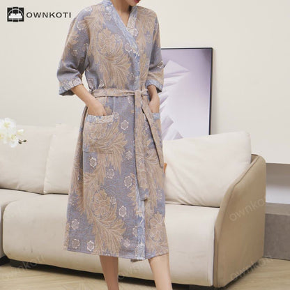 Breathable Jacquard Floral Gauze Kimono Bathrobe