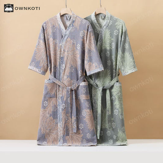 Breathable Jacquard Floral Gauze Kimono Bathrobe