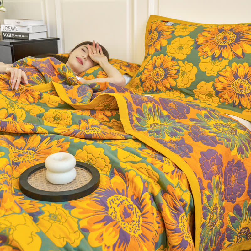 Cotton Gauze Reverisible Blomming Flower Blanket