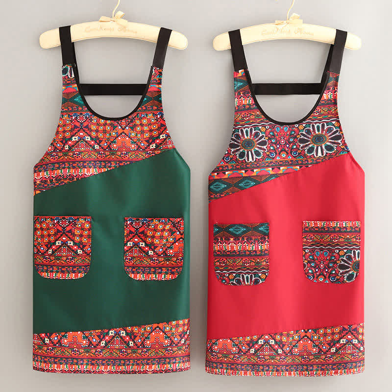 Stylish Ethnic Style Kitchen Apron with Pockets