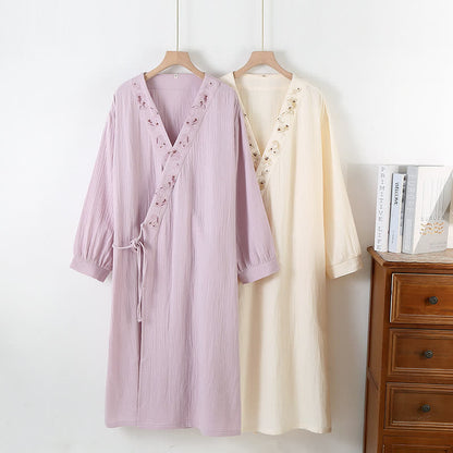 Embroidered Floral Cotton Gauze Soft Nightdress