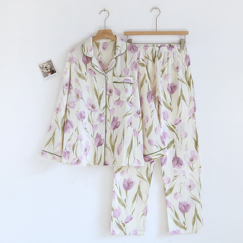 Jacquard Tulip Cotton Gauze Lapel Pajama Set