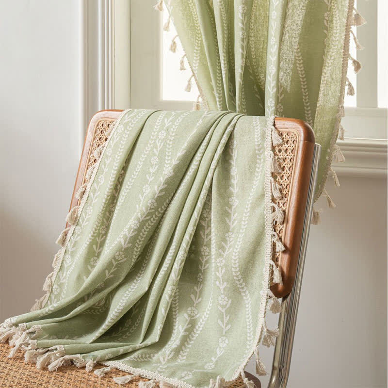 Rustic Floral Leaf Curve Tassel Sheer Curtain