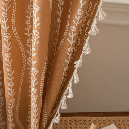 Rustic Floral Leaf Curve Tassel Sheer Curtain