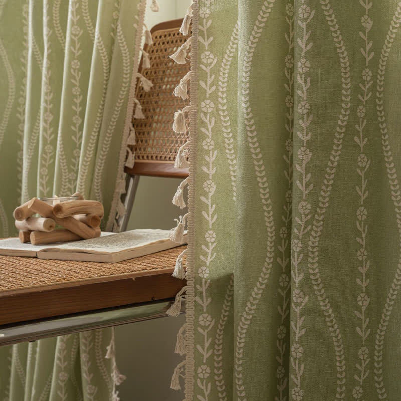 Rustic Floral Leaf Curve Tassel Sheer Curtain
