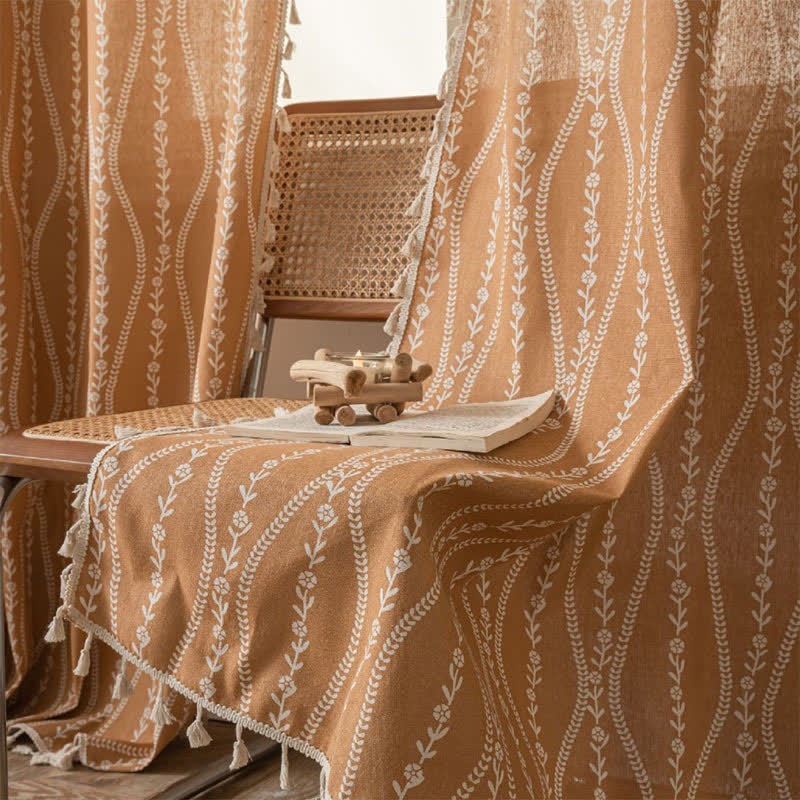 Rustic Floral Leaf Curve Tassel Sheer Curtain