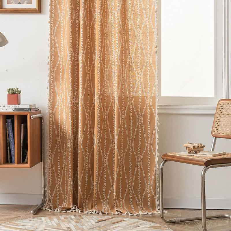 Rustic Floral Leaf Curve Tassel Sheer Curtain
