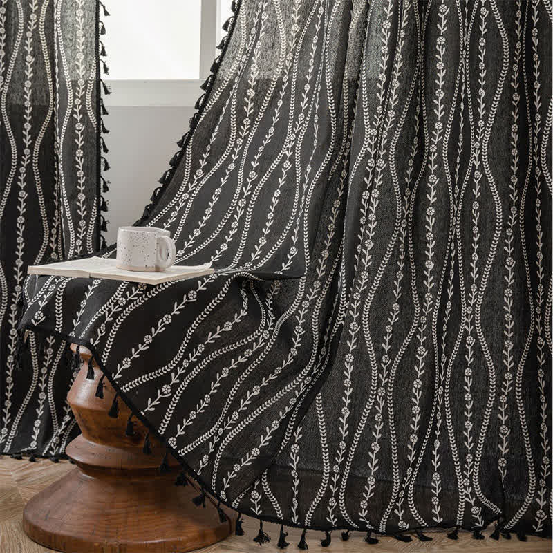 Rustic Floral Leaf Curve Tassel Sheer Curtain
