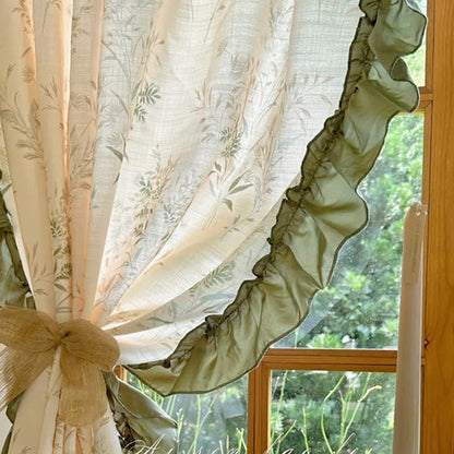 Rustic Style Semi-Blackout Bamboo Printed Ruffle Curtain
