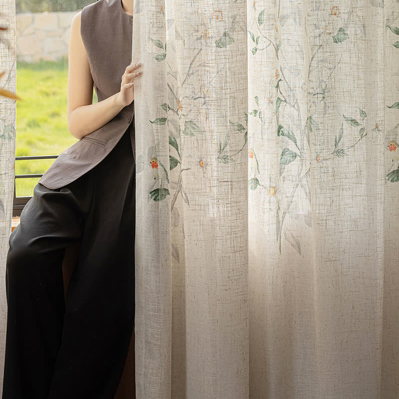 Bird and Plant Print Sheer Linen Gauze Curtain