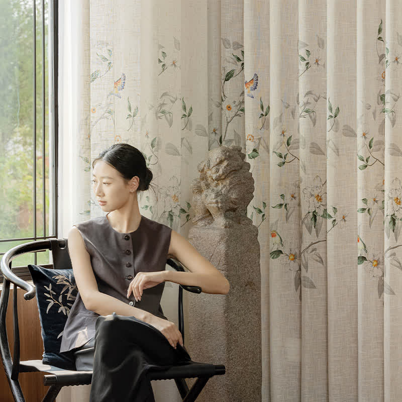 Bird and Plant Print Sheer Linen Gauze Curtain