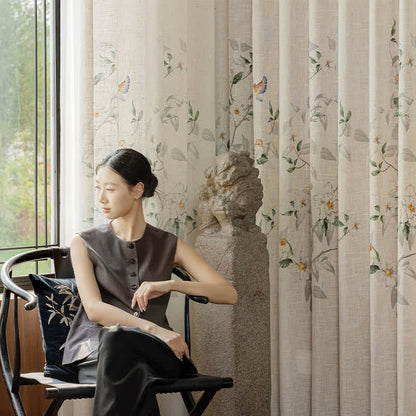 Bird and Plant Print Sheer Linen Gauze Curtain