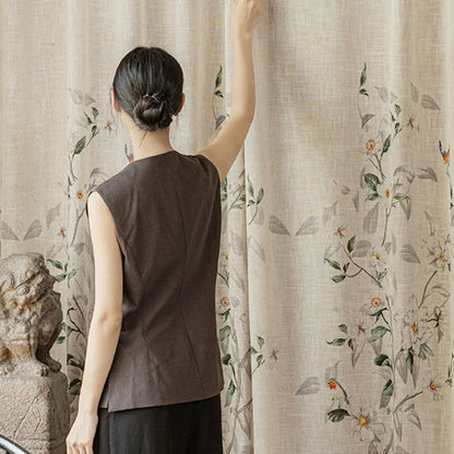 Bird and Plant Print Sheer Linen Gauze Curtain
