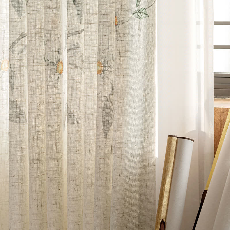 Bird and Plant Print Sheer Linen Gauze Curtain