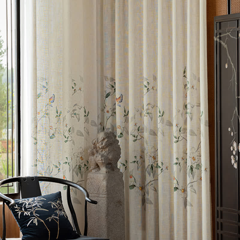 Bird and Plant Print Sheer Linen Gauze Curtain