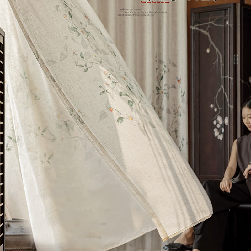 Bird and Plant Print Sheer Linen Gauze Curtain
