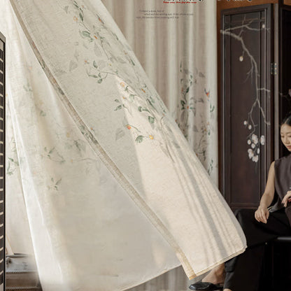Bird and Plant Print Sheer Linen Gauze Curtain