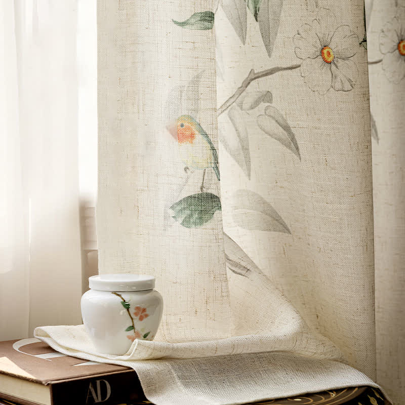 Bird and Plant Print Sheer Linen Gauze Curtain