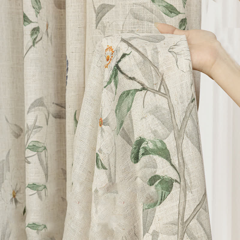 Bird and Plant Print Sheer Linen Gauze Curtain