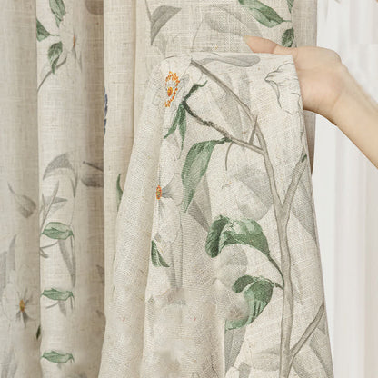 Bird and Plant Print Sheer Linen Gauze Curtain