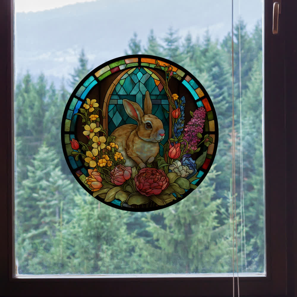 Floral Easter Bunny Stained Static Window Sticker