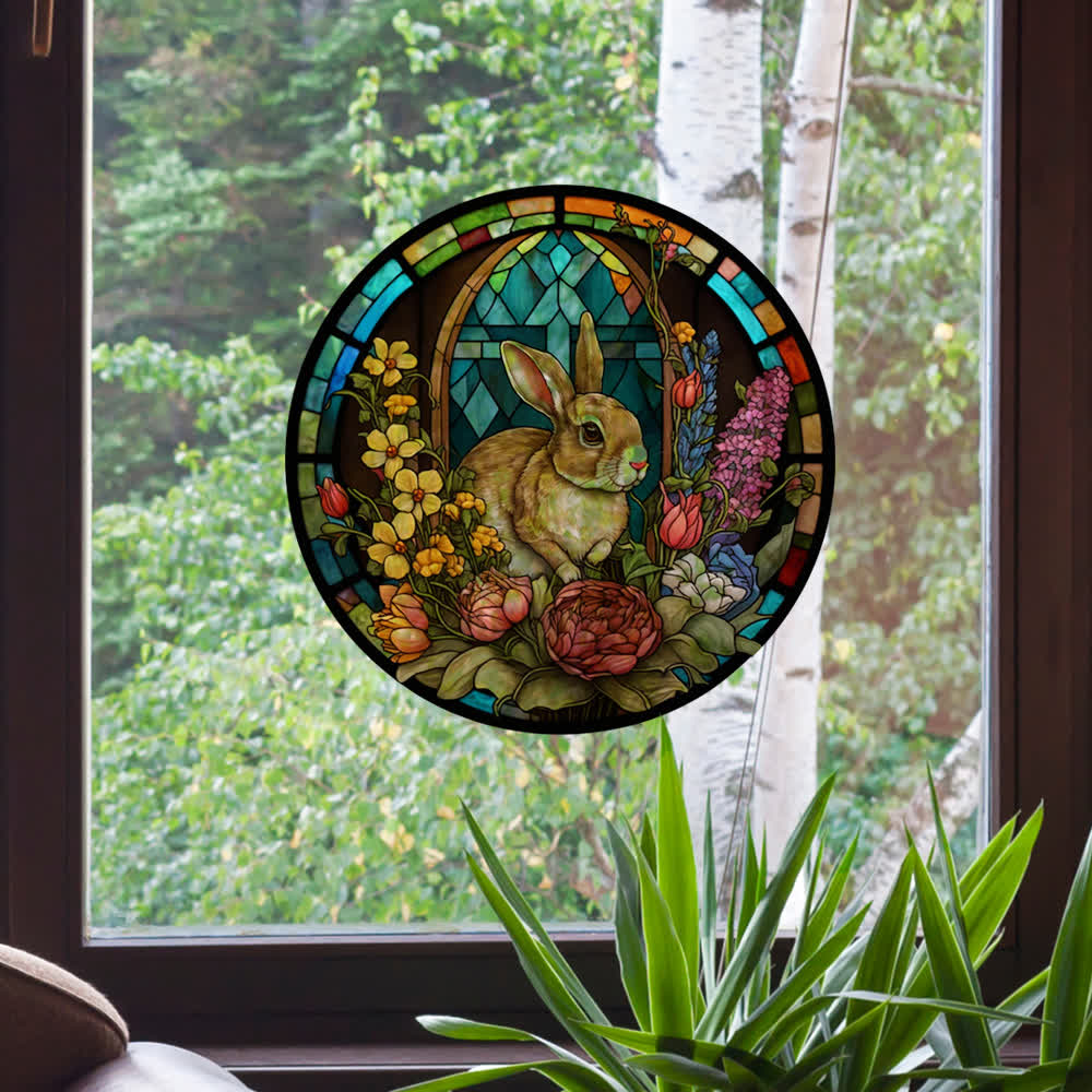 Floral Easter Bunny Stained Static Window Sticker