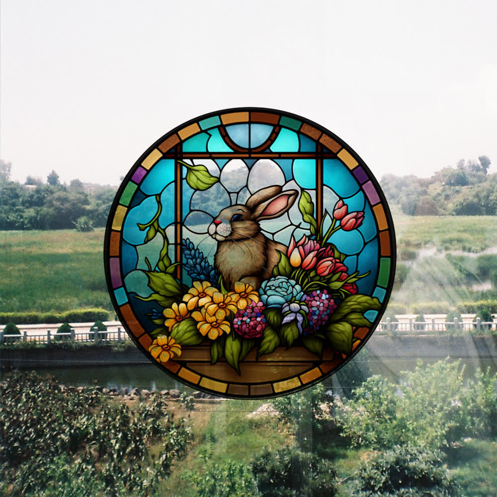 Floral Easter Bunny Stained Static Window Sticker