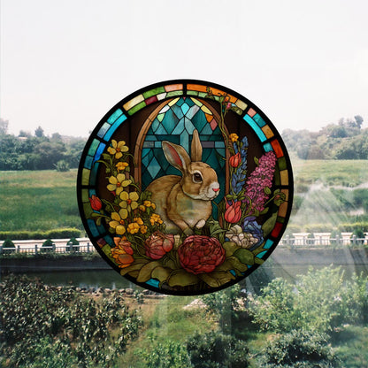 Floral Easter Bunny Stained Static Window Sticker