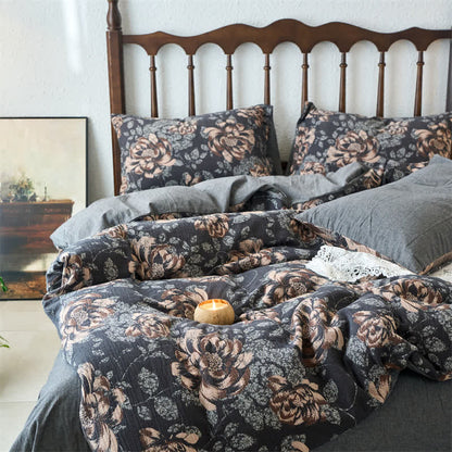 Retro Cotton Gauze Jacquard Floral Bedding Set(4PCS)