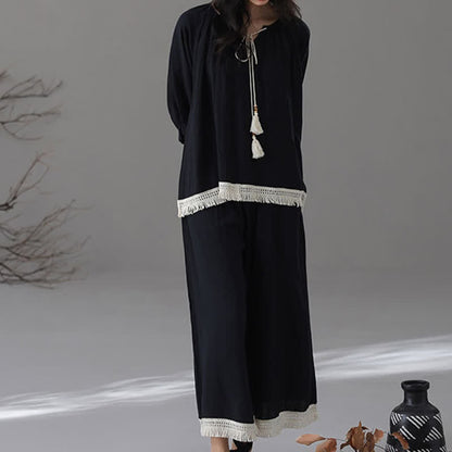 Loose Bamboo Cotton Tassel Loungewear Set