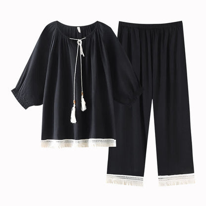 Loose Bamboo Cotton Tassel Loungewear Set