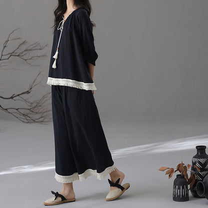 Loose Bamboo Cotton Tassel Loungewear Set