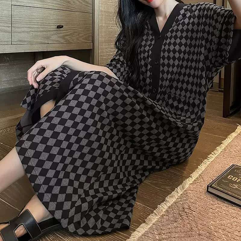 V-neck Plaid Modal Loose Buttoned Nightdress