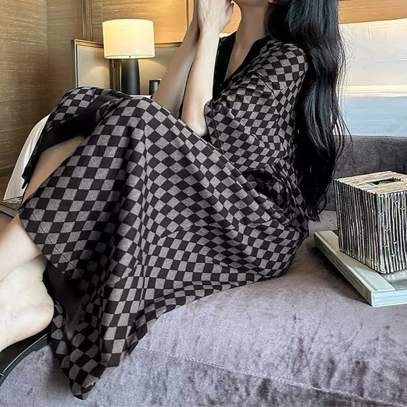 V-neck Plaid Modal Loose Buttoned Nightdress