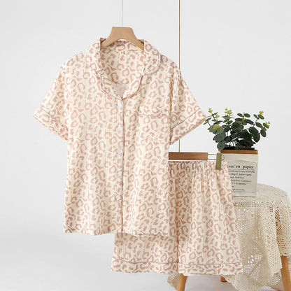 Leopard Print Cotton Gauze Lapel Pajama Set(3PCS)