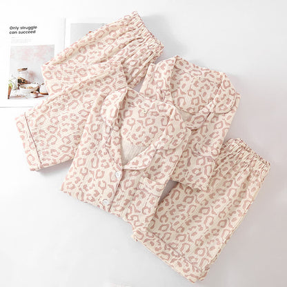 Leopard Print Cotton Gauze Lapel Pajama Set(3PCS)