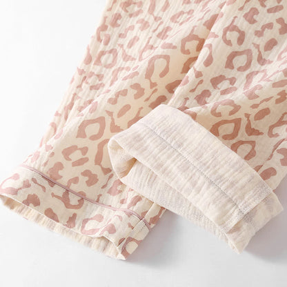 Leopard Print Cotton Gauze Lapel Pajama Set(3PCS)