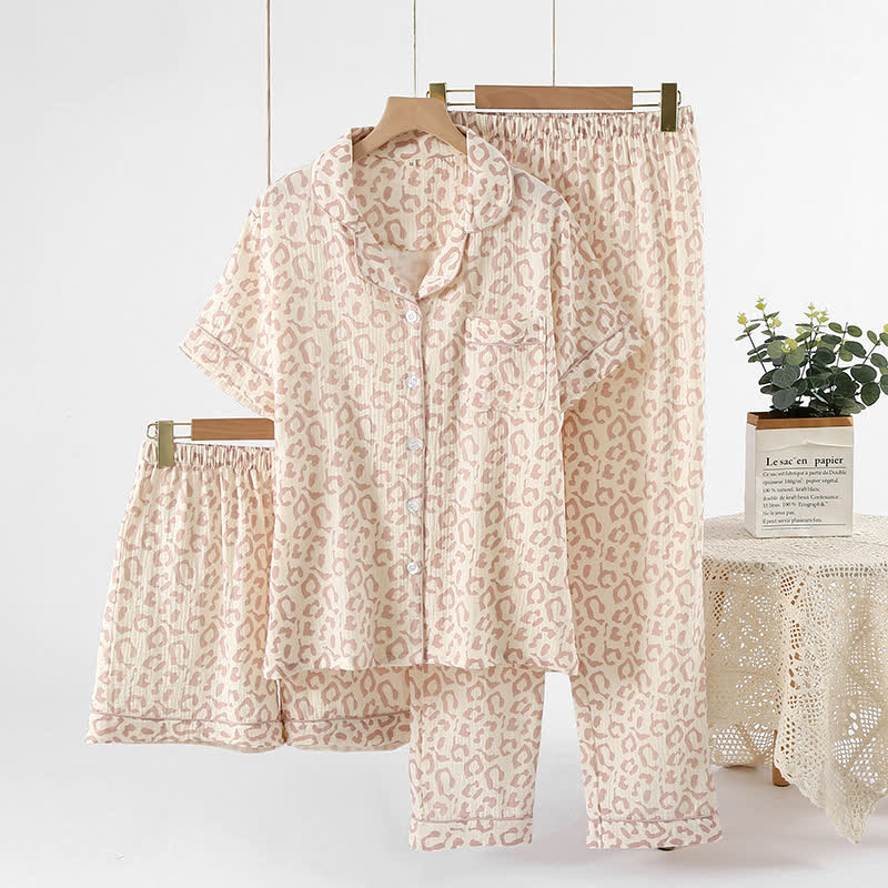 Leopard Print Cotton Gauze Lapel Pajama Set(3PCS)