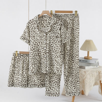 Leopard Print Cotton Gauze Lapel Pajama Set(3PCS)