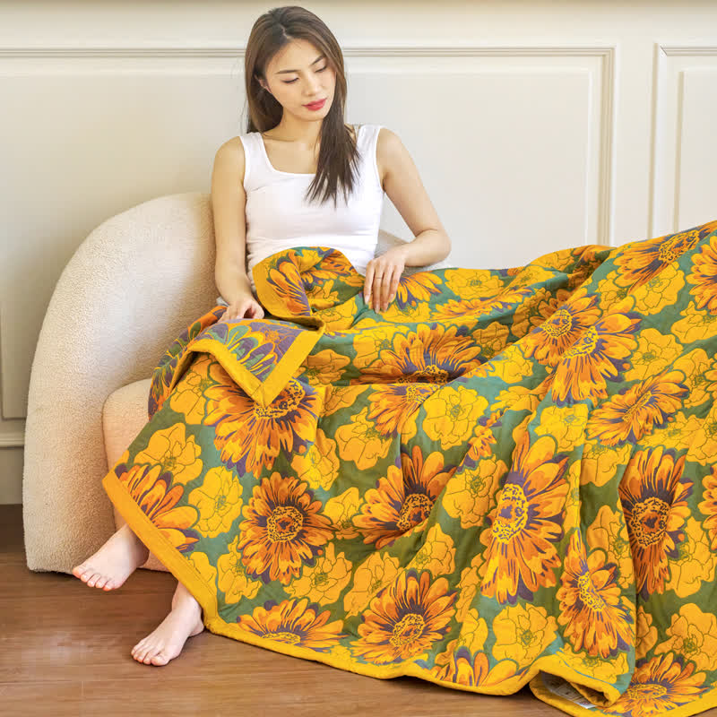Cotton Gauze Reverisible Blomming Flower Blanket