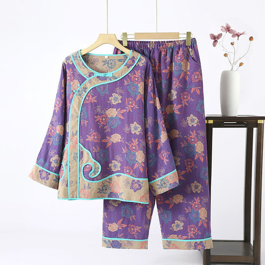 Elegant Floral Cotton Gauze Nightwear Set